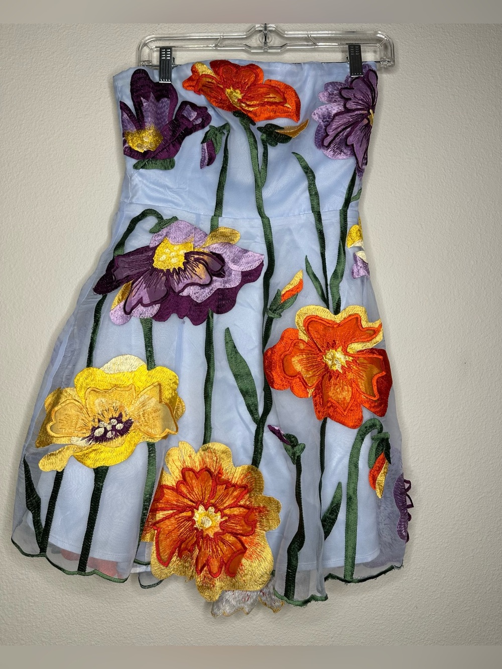 Anthropologie Maeve Floral Appliqué Embroidered Organza Strapless Mini Dress M - Picture 7 of 16